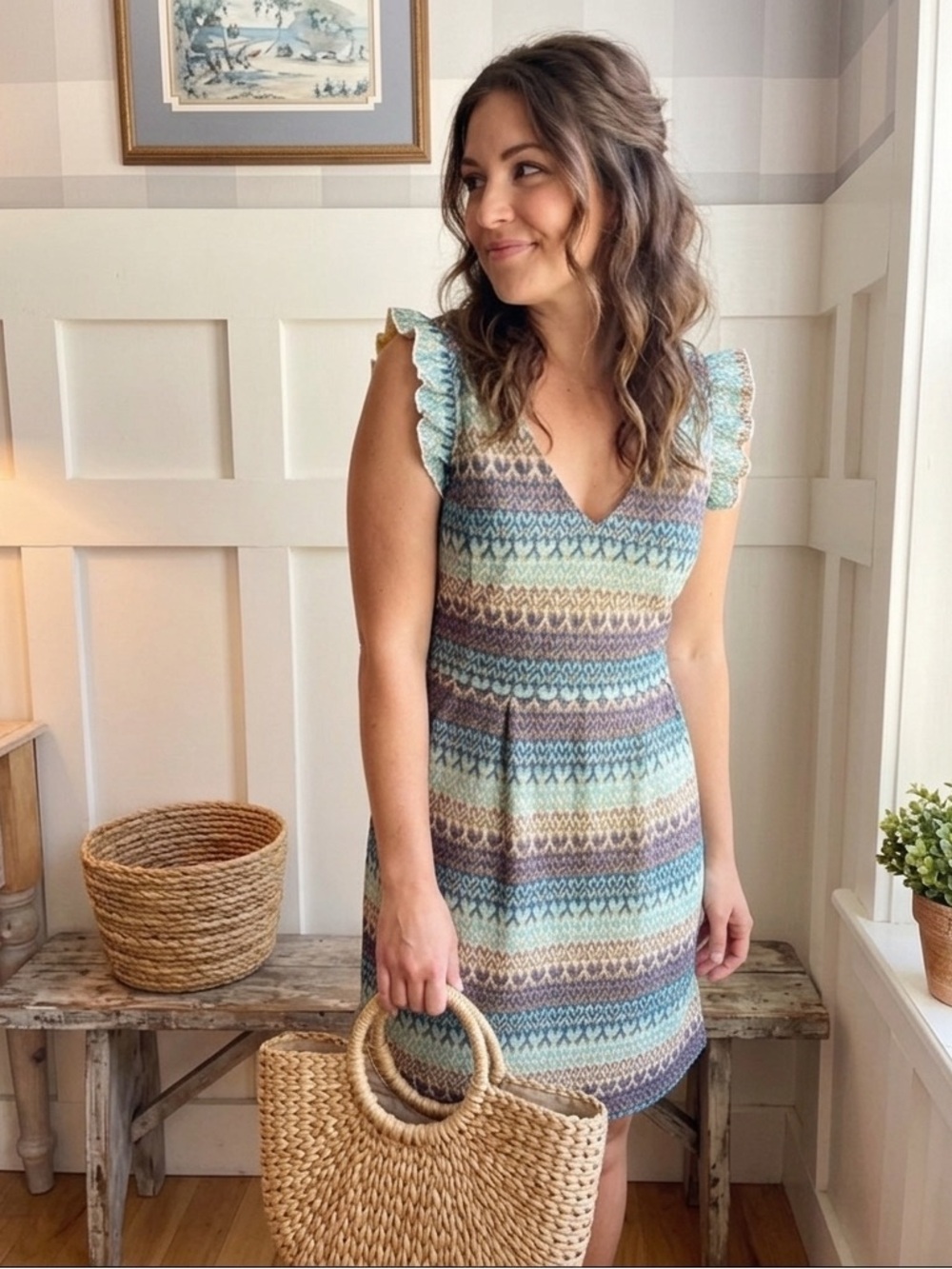 Anthropologie Tabitha Blue and Cream Knit Mini Dress Size 6